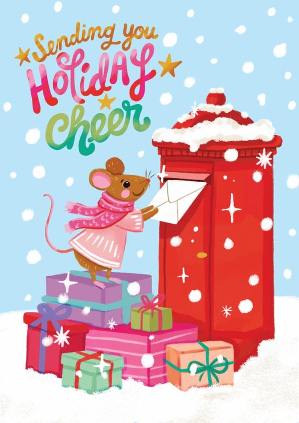 Cute Christmas Card - Sending You Holiday Cheer - Mouse And Postbox created by Aniet Illustration