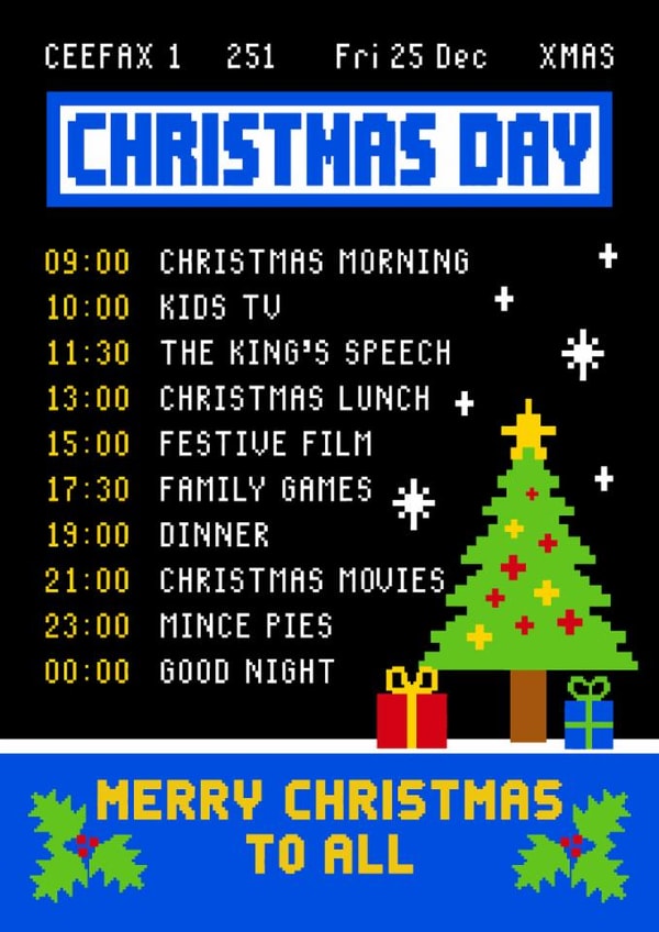 Retro Christmas Card - Christmas Day TV Schedule - Teletext created by Pink Peach Cards