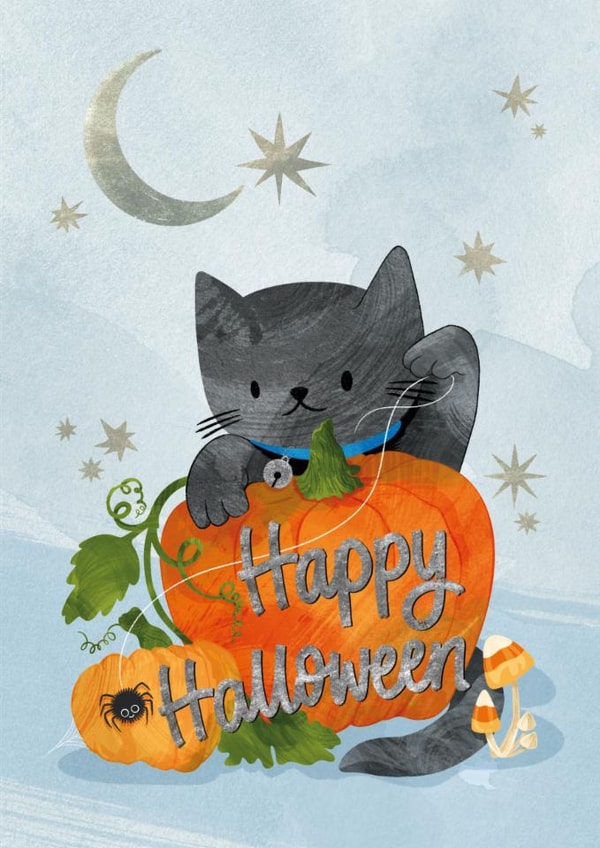 Cute Halloween Card - Happy Halloween Cat and Pumpkin created by Suzanne Brearley Design