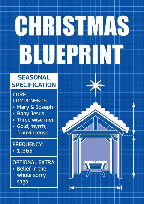 Funny Manger Christmas Card - Cheeky Nativity Blueprint - Jesus, Mary, Joseph created by Versed Aid