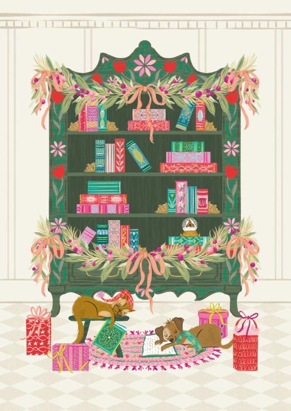 Cute Folkart inspired bookcase Christmas Card- Holiday Hygge created by Jackie Crawford