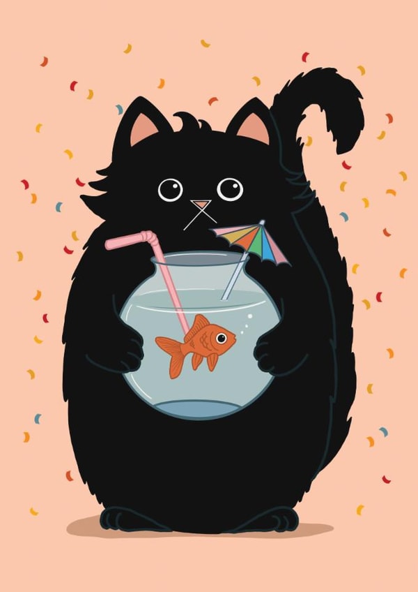 Funny Birthday Card for Friend, Party Animal Black Cat with Goldfish Cocktail created by Baldy And The Fidget