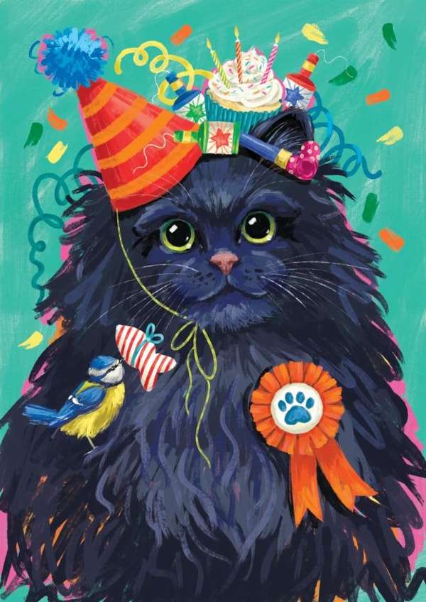 Time to Pawty! Cute fun Birthday Kitty card for friends, family, pet. Cat & Bird created by Ally Marie Illustration