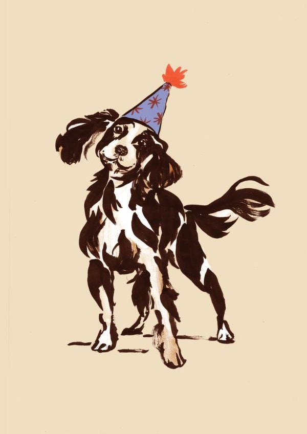 Cute Dog Birthday Card - Hand-Painted Spaniel in a Party Hat created by Shannon Woodfield Illustrator