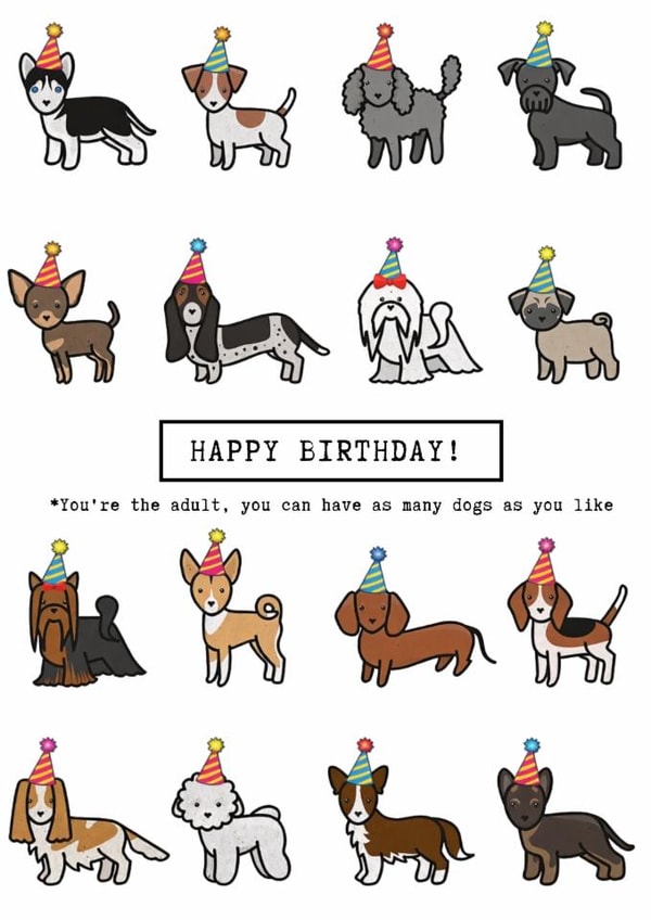 Funny Dog Lover Birthday Card, Dog Breeds in Party Hats Birthday Card created by Paws and Post