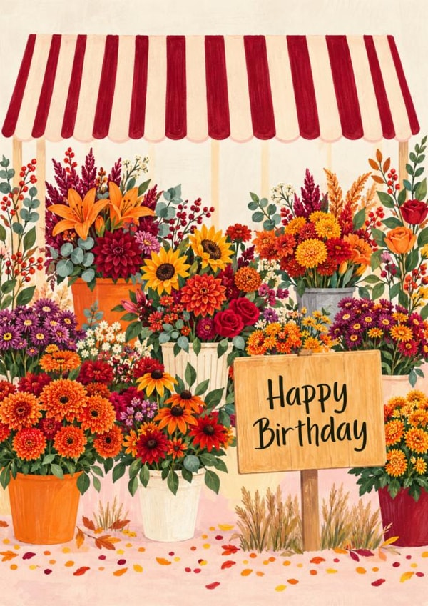 Beautiful Autumn Floral Birthday Card for Her – Fall Flower Market Illustration created by Blossom Hound Designs